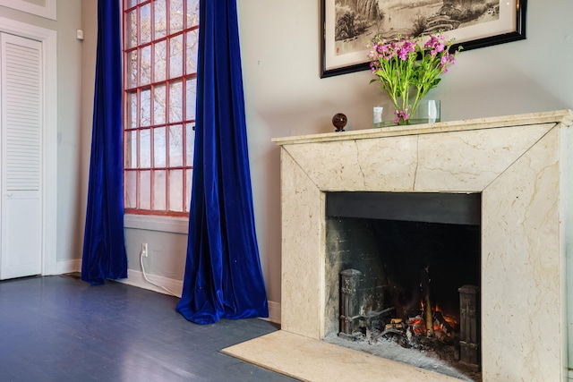 details featuring a fireplace and baseboards