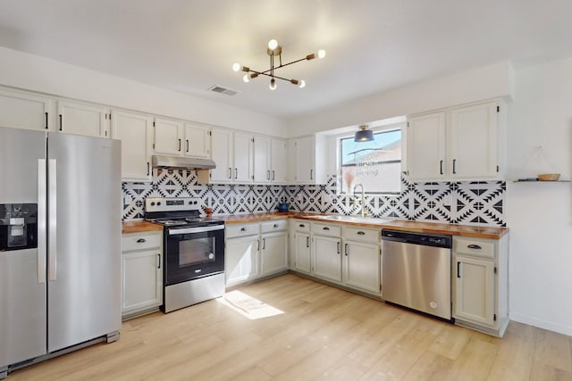 kitchen with appliances with stainless steel finishes, light wood-type flooring, under cabinet range hood, wooden counters, and a sink