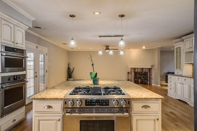 kitchen with stainless steel appliances, a fireplace, light wood finished floors, decorative light fixtures, and crown molding