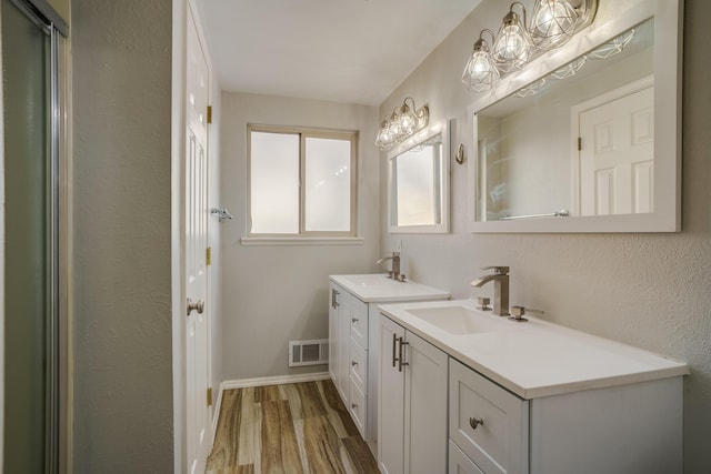 bathroom featuring wood finished floors, two vanities, a sink, visible vents, and baseboards