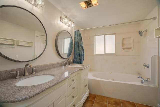 full bath featuring double vanity, tile patterned flooring, a sink, and shower / bath combo with shower curtain