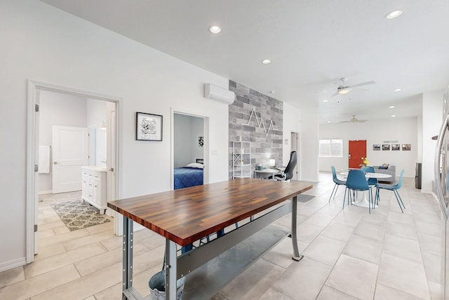 dining area with a ceiling fan, recessed lighting, and a wall unit AC