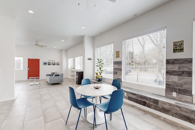 dining room with ceiling fan, light tile patterned floors, and recessed lighting