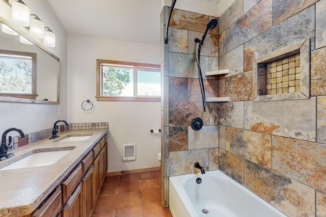 full bath with double vanity, shower / bath combination, a sink, and visible vents