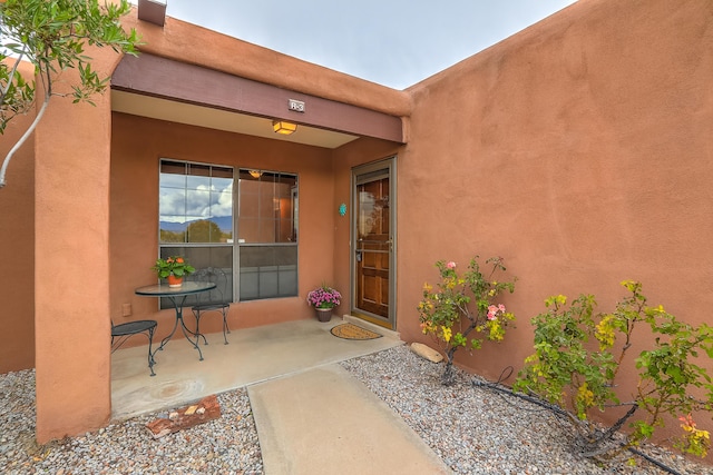 entrance to property featuring a patio area and stucco siding