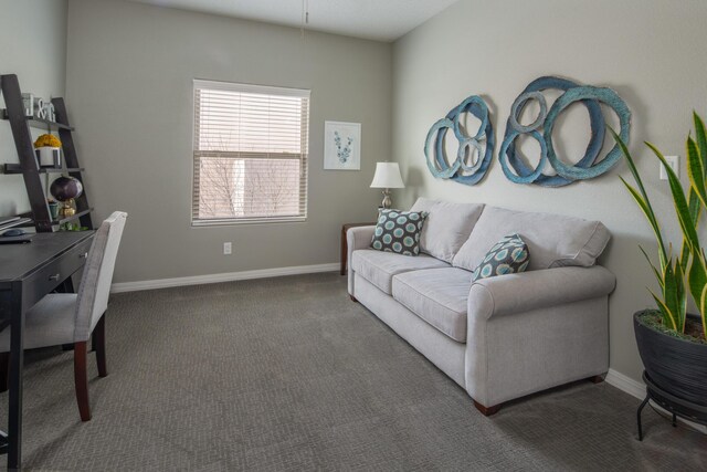 living area featuring carpet floors and baseboards