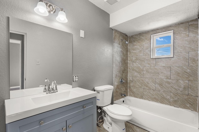 full bath featuring visible vents, a textured wall, toilet, bathing tub / shower combination, and vanity