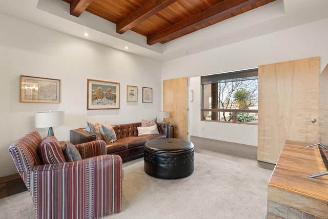 living room with light tile patterned floors, wood ceiling, beam ceiling, and recessed lighting