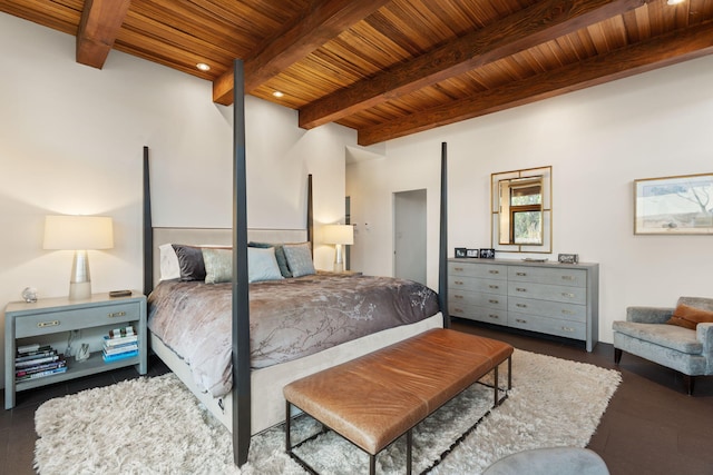 bedroom with wood ceiling and beamed ceiling