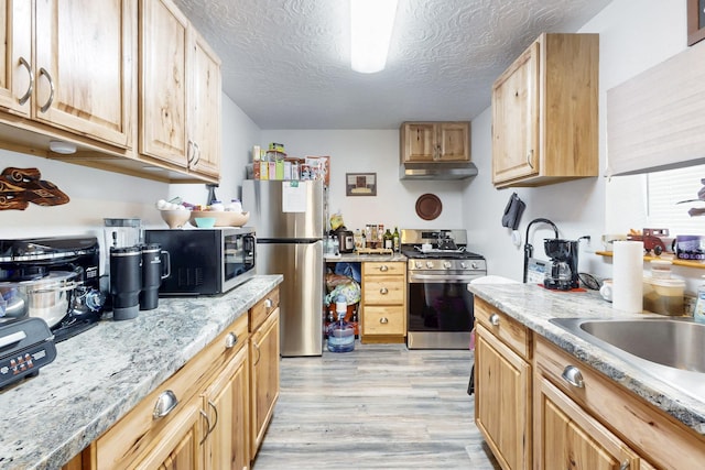 503 US Rt 66, Moriarty, NM 87035 - kitchen featuring appliances with stainless steel finishes, under cabinet range hood, light brown cabinets, light wood-style flooring, and a textured ceiling
