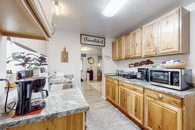 503 US Rt 66, Moriarty, NM 87035 - kitchen with stainless steel microwave, a textured ceiling, light wood-style floors, light countertops, and light brown cabinetry