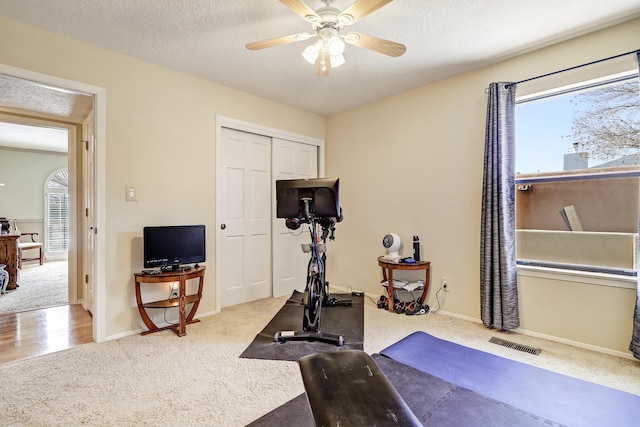 workout room featuring a textured ceiling, carpet floors, plenty of natural light, and visible vents