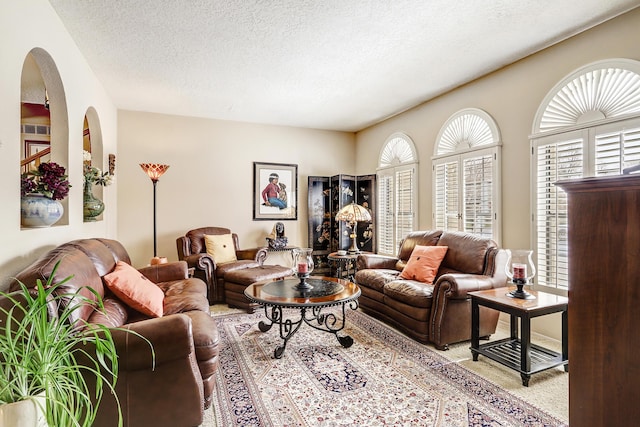 living room featuring a textured ceiling