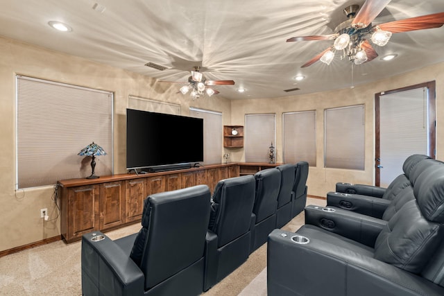 home theater room with recessed lighting, visible vents, ceiling fan, and baseboards