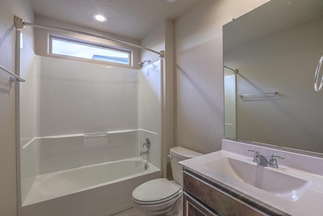 full bathroom with a textured ceiling, shower / tub combination, toilet, recessed lighting, and vanity