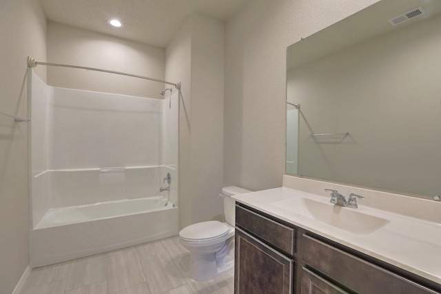 bathroom with toilet, recessed lighting, vanity, visible vents, and washtub / shower combination