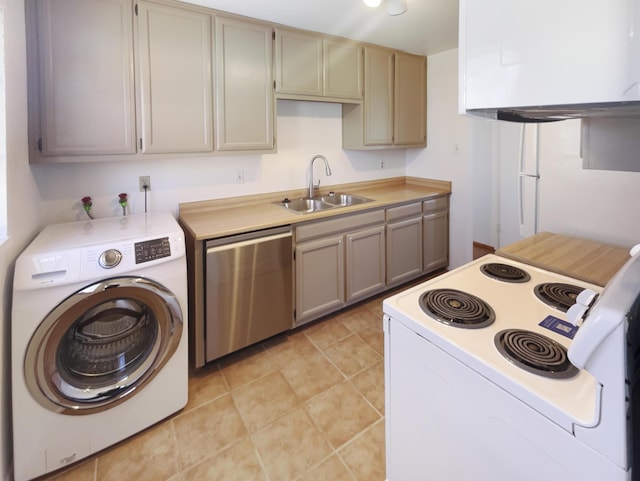 kitchen with white range with electric stovetop, light countertops, a sink, washer / dryer, and dishwasher