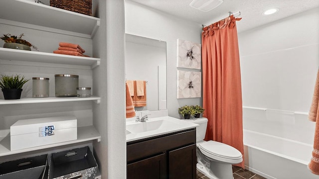 bathroom featuring toilet, shower / bathtub combination with curtain, vanity, a textured ceiling, and recessed lighting