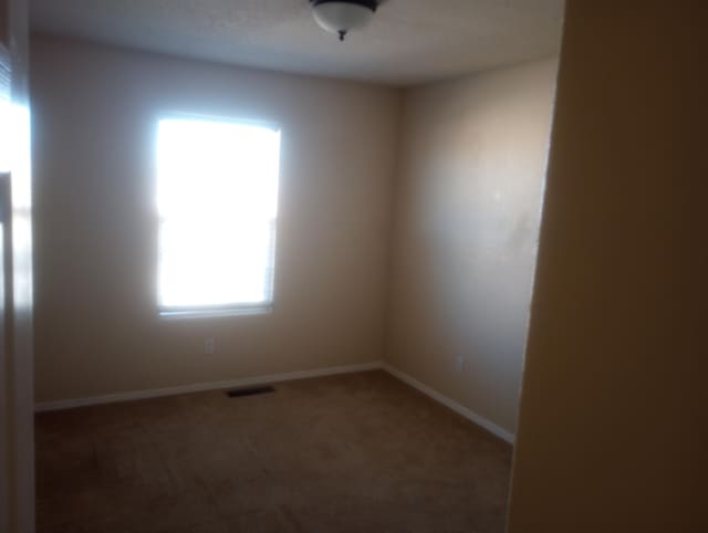 carpeted spare room with visible vents and baseboards