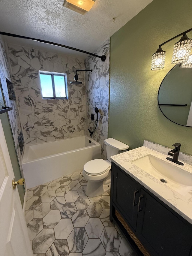 full bathroom with a textured wall, toilet, bathtub / shower combination, a textured ceiling, and vanity