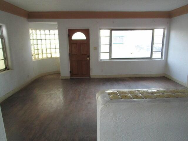 entrance foyer with baseboards and wood finished floors