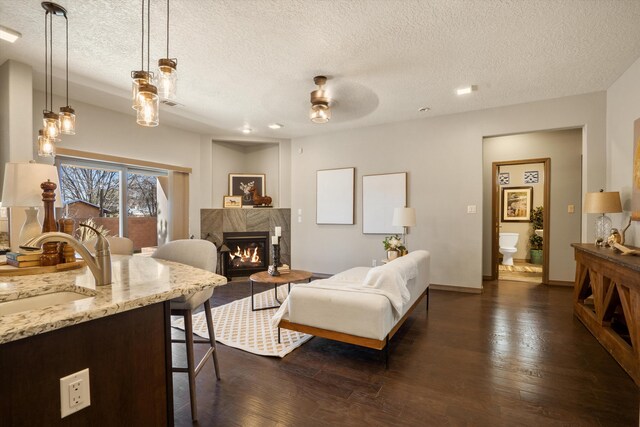 living room with dark wood-style floors, a textured ceiling, a high end fireplace, and baseboards