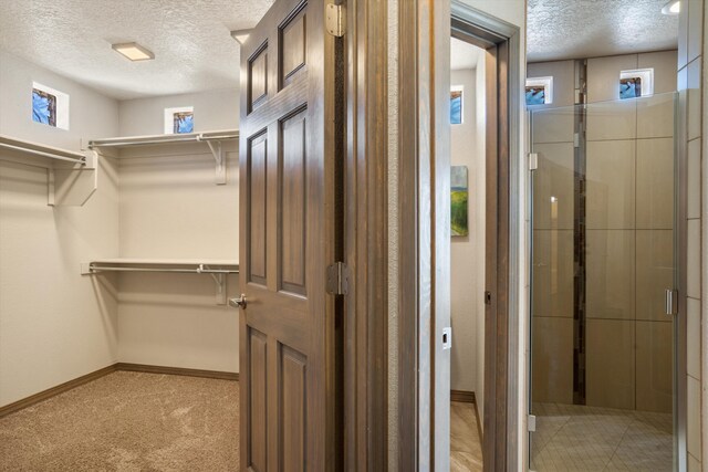 interior space featuring a stall shower, a spacious closet, baseboards, and a textured ceiling