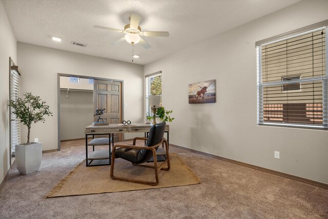 home office featuring baseboards, visible vents, ceiling fan, a textured ceiling, and carpet flooring