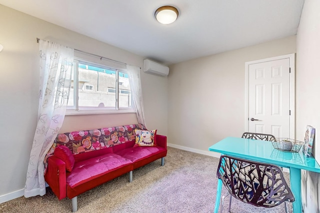 living area with an AC wall unit, carpet, and baseboards