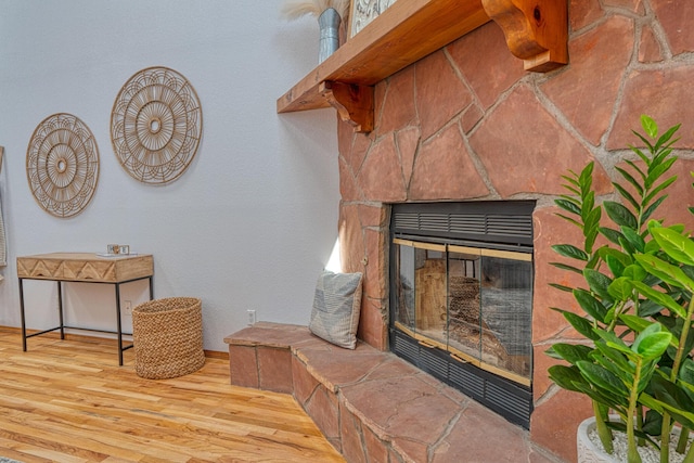 room details featuring a glass covered fireplace and wood finished floors