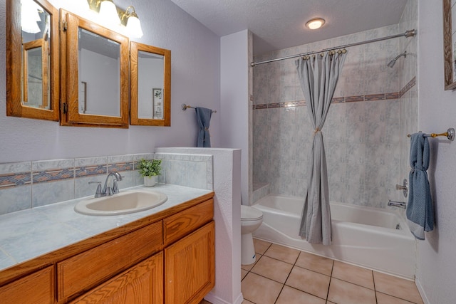 bathroom with toilet, shower / tub combo, vanity, a textured ceiling, and tile patterned floors