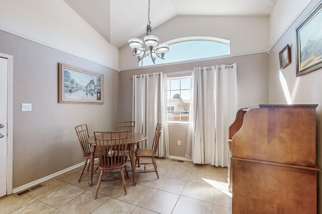 dining area featuring a chandelier, visible vents, baseboards, and light tile patterned flooring