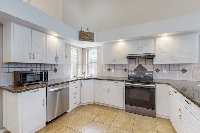 kitchen with light tile patterned floors, decorative backsplash, appliances with stainless steel finishes, a sink, and under cabinet range hood