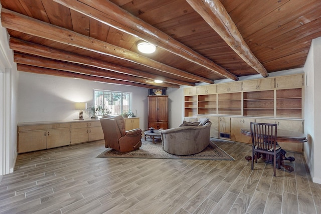 living area featuring wood ceiling, light wood-type flooring, and beam ceiling