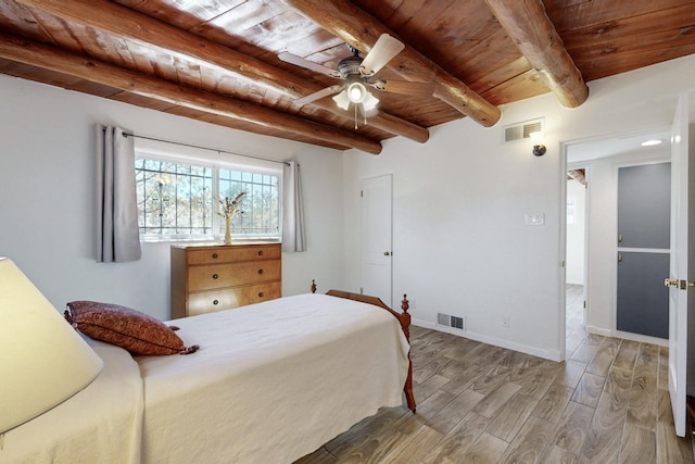 bedroom with wood ceiling, beamed ceiling, wood finished floors, and visible vents