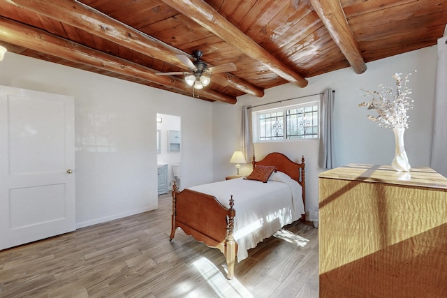 bedroom featuring wooden ceiling, baseboards, wood finished floors, and beamed ceiling