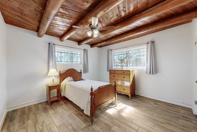 bedroom with beamed ceiling, light wood-type flooring, wood ceiling, and baseboards