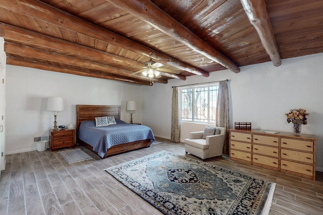 bedroom featuring visible vents, beam ceiling, wood ceiling, and wood tiled floor