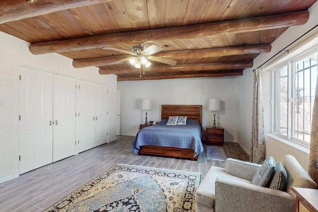 bedroom featuring wooden ceiling, wood finished floors, and beam ceiling