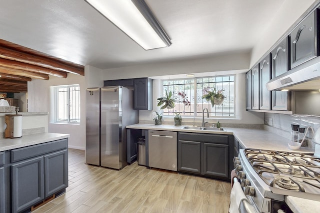 kitchen featuring appliances with stainless steel finishes, light countertops, a sink, and light wood-style flooring