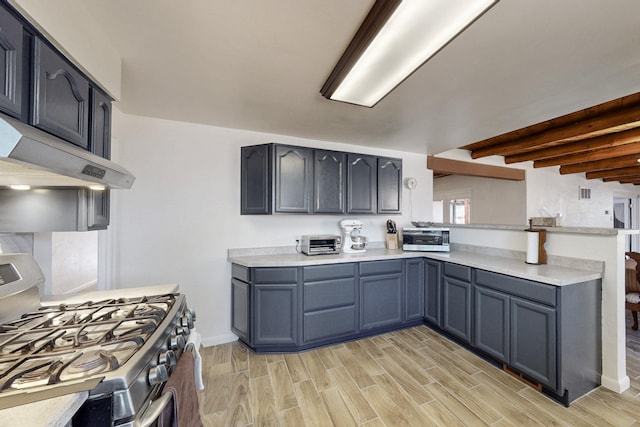 kitchen with under cabinet range hood, a peninsula, light countertops, stainless steel range with gas cooktop, and wood tiled floor