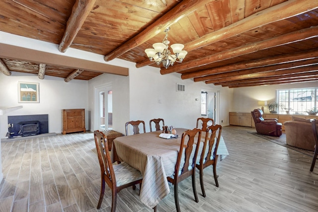 dining room with light wood-style flooring, visible vents, wood ceiling, beamed ceiling, and an inviting chandelier