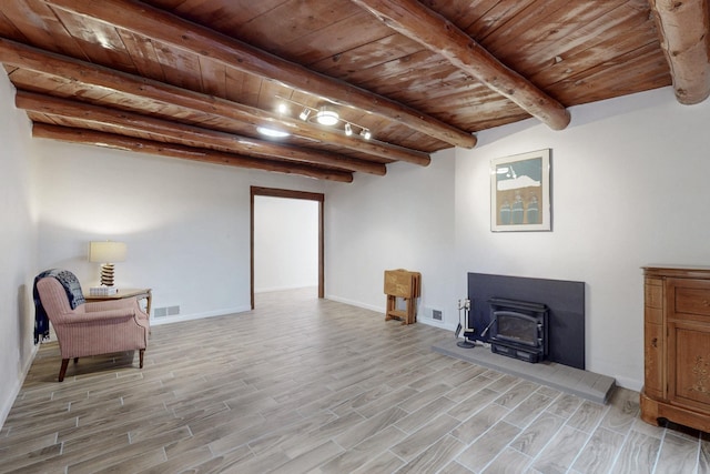 living area with visible vents, beam ceiling, wooden ceiling, and light wood-style flooring