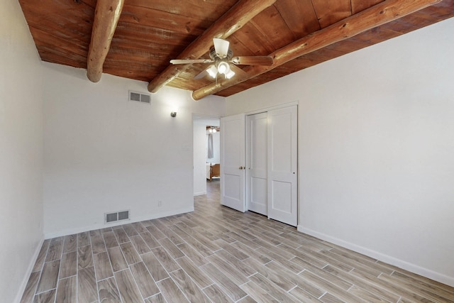 unfurnished bedroom featuring wood ceiling, beam ceiling, visible vents, and wood finish floors