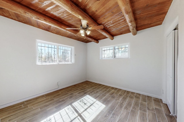 unfurnished bedroom featuring wood ceiling, baseboards, beam ceiling, and wood finish floors