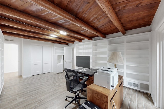 office area with light wood-type flooring, wooden ceiling, visible vents, and beam ceiling