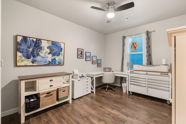 home office featuring dark wood-style flooring, visible vents, ceiling fan, and baseboards