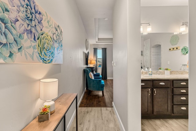 bathroom featuring wood finished floors, vanity, and baseboards