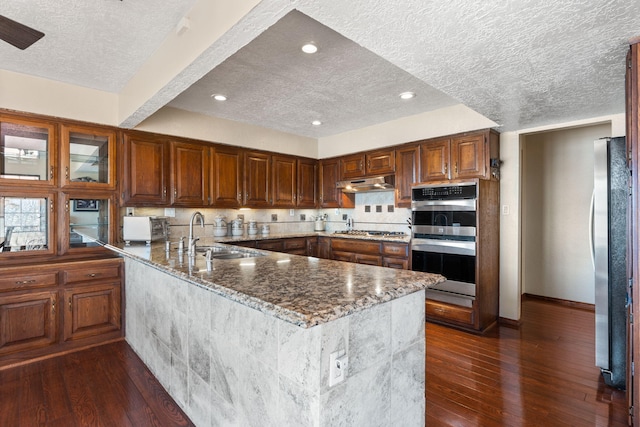 kitchen with under cabinet range hood, stainless steel appliances, a peninsula, a sink, and dark wood-style floors