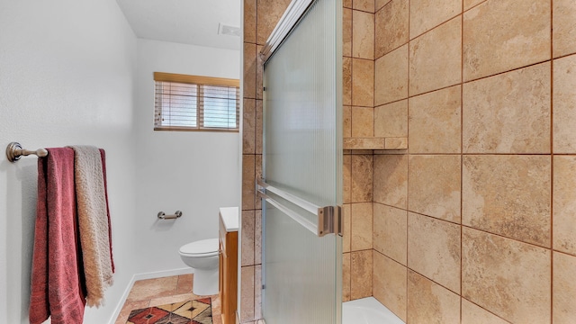 bathroom with visible vents, a stall shower, and toilet